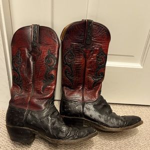 Vintage Lucchese ostrich leather cowboy boots, black and red, size 7